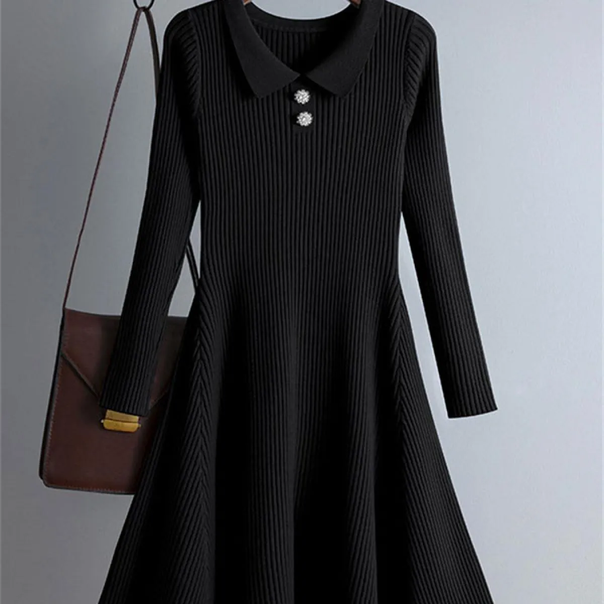 Abito camicia con scollo a V in maglia Maglieria da donna Mini abiti a pieghe a coste lavorati a maglia bianca Manica lunga Basi