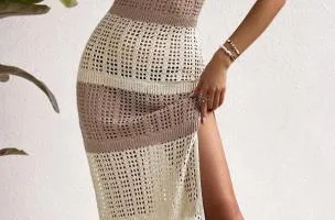 Abito midi in maglia con motivo traforato, beige
