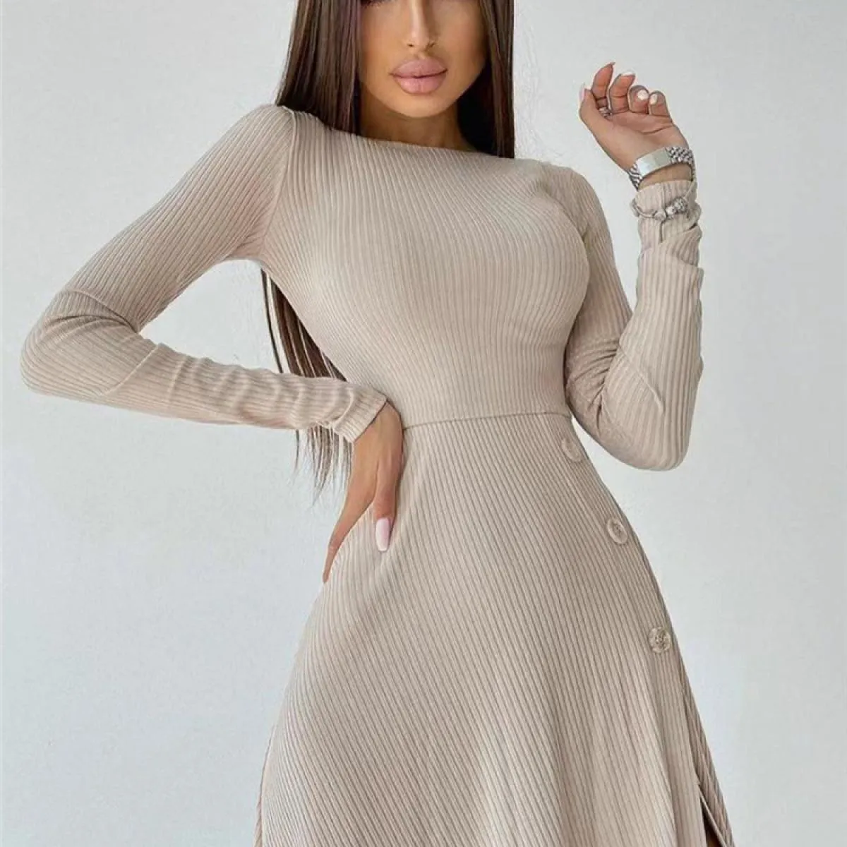 Autunno nuovo abito in maglia con spacco alto da donna, abito longuette a maniche lunghe casual per donna, aderente lavorato a m