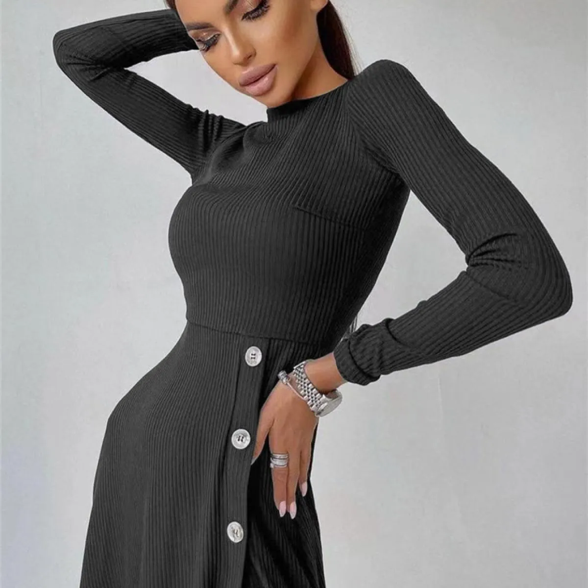 Autunno nuovo abito in maglia con spacco alto da donna, abito longuette a maniche lunghe casual per donna, aderente lavorato a m