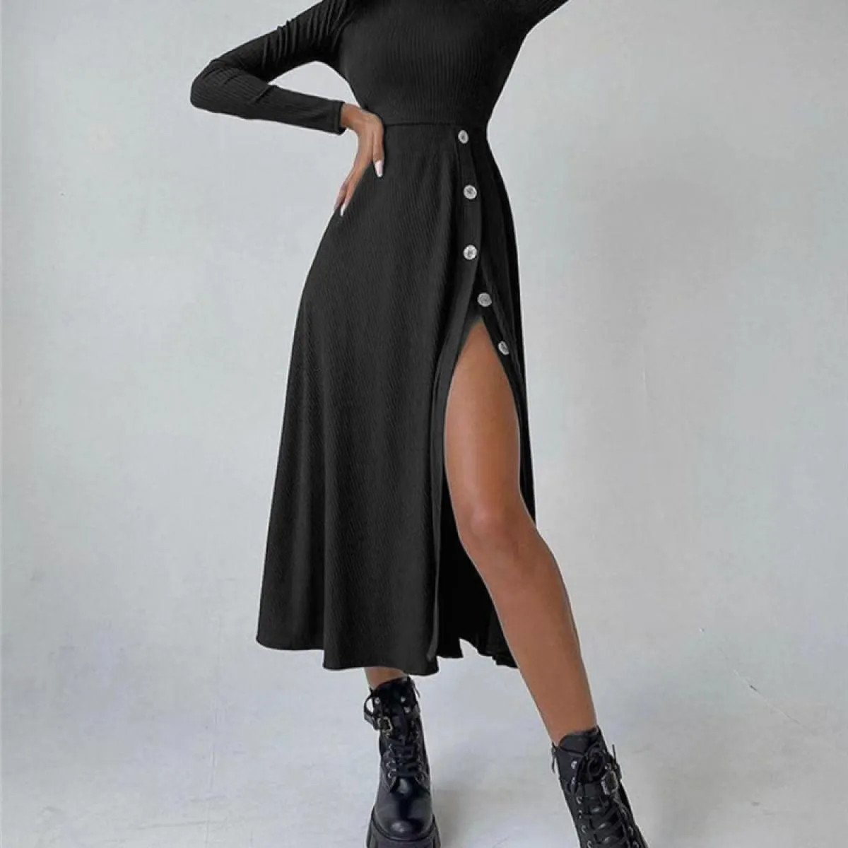 Autunno nuovo abito in maglia con spacco alto da donna, abito longuette a maniche lunghe casual per donna, aderente lavorato a m
