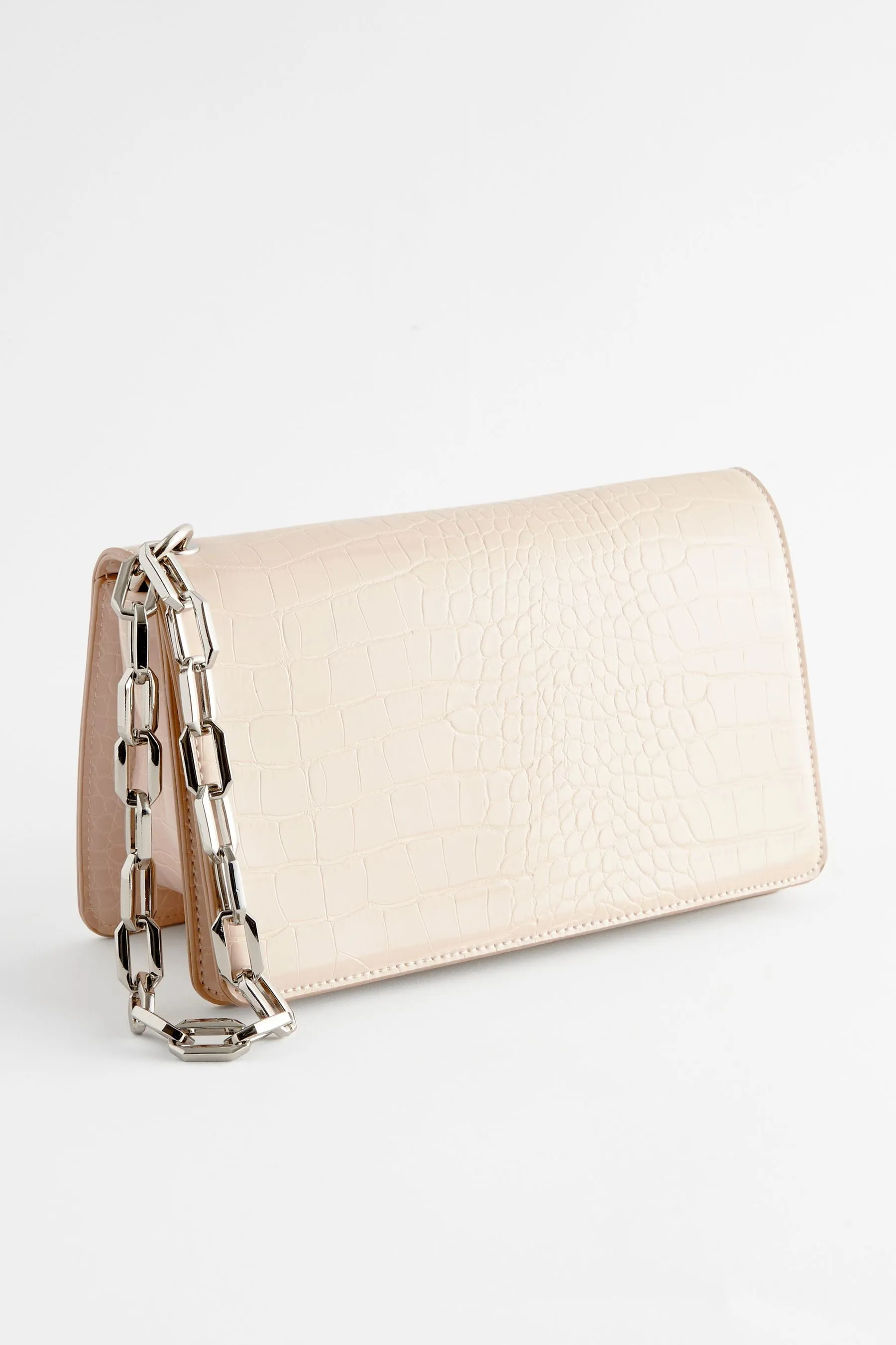 Bianco  - Borsa a pochette effetto coccodrillo con catena