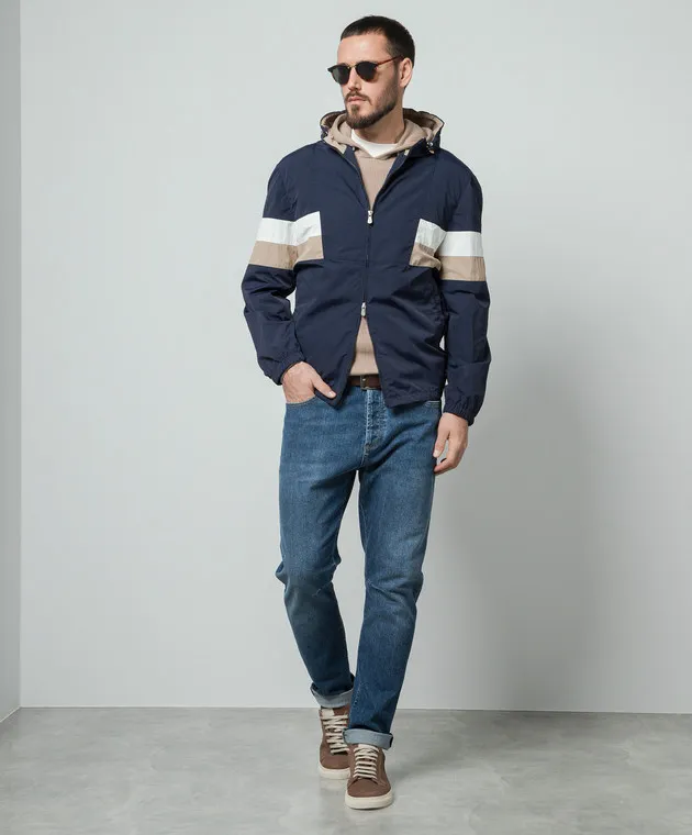 Brunello Cucinelli Giacca a vento blu con inserti a contrasto MS4977471G