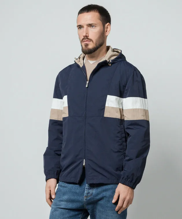 Brunello Cucinelli Giacca a vento blu con inserti a contrasto MS4977471G