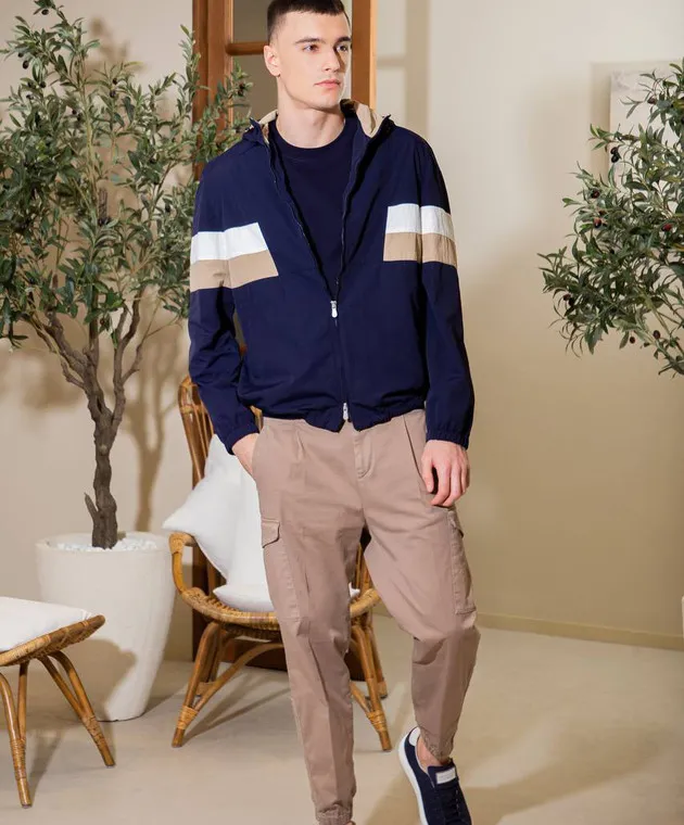 Brunello Cucinelli Giacca a vento blu con inserti a contrasto MS4977471G