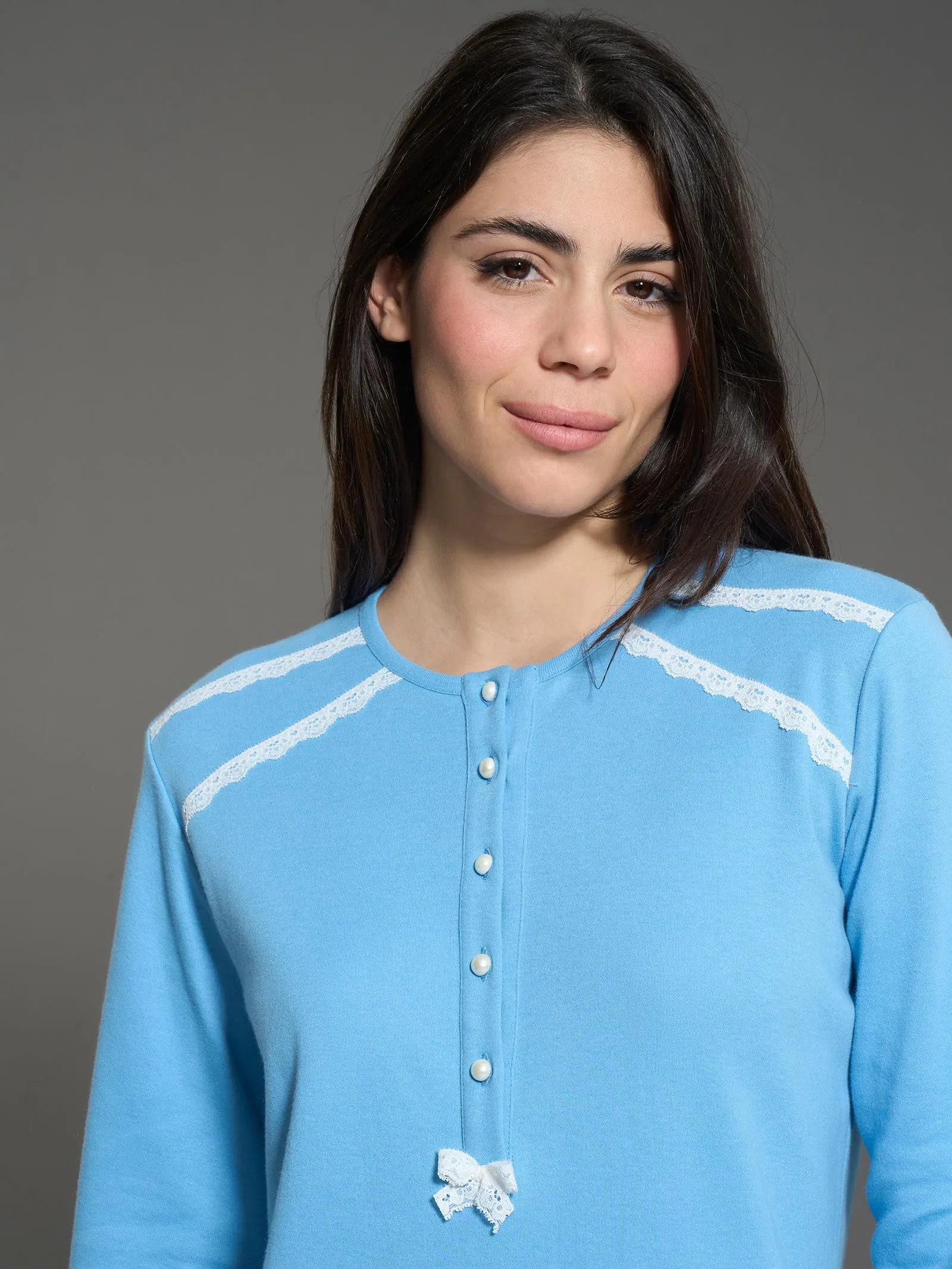 Camicia da notte a serafino in interlock di cotone  - Dusk Blue