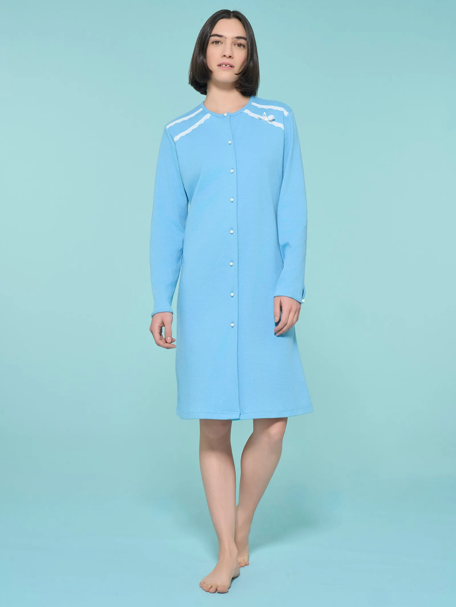 Camicia da notte aperta in interlock di cotone  - Dusk Blue