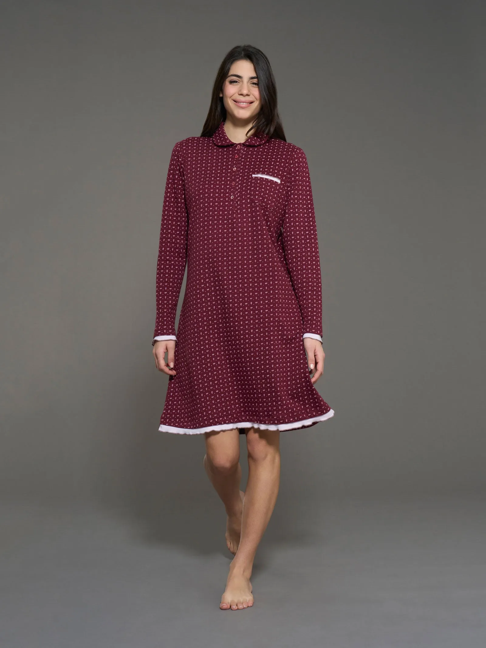 Camicia da notte con colletto a serafino in interlock di caldo cotone - Fant. Zinfandel