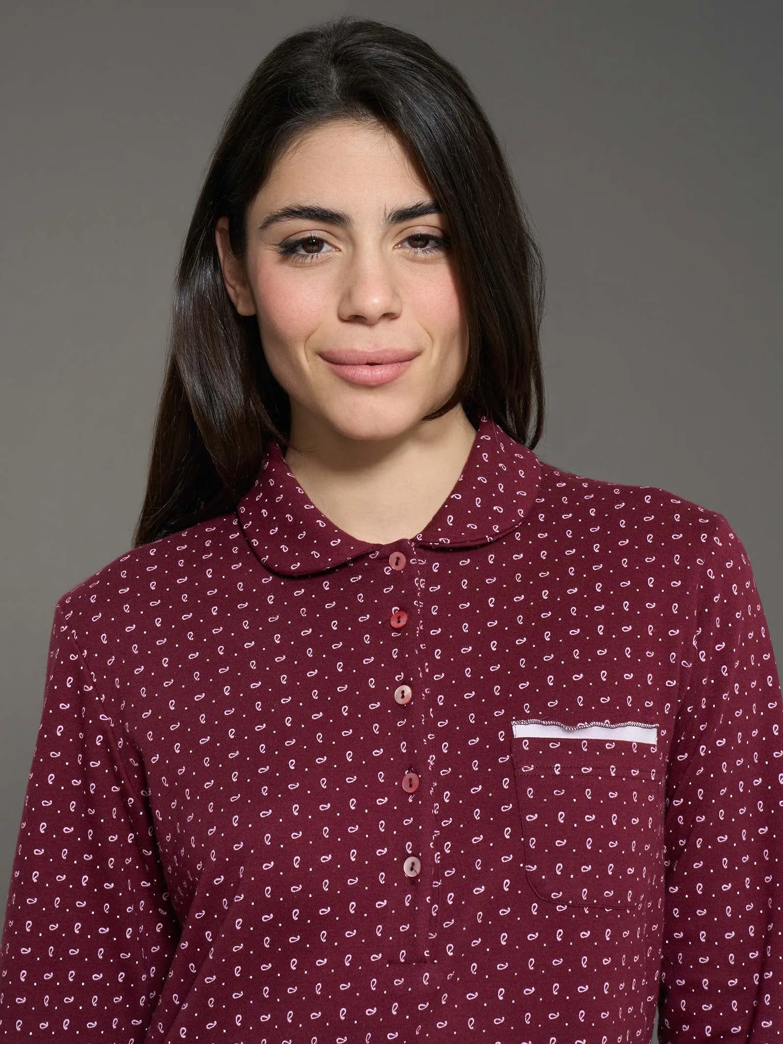 Camicia da notte con colletto a serafino in interlock di caldo cotone - Fant. Zinfandel