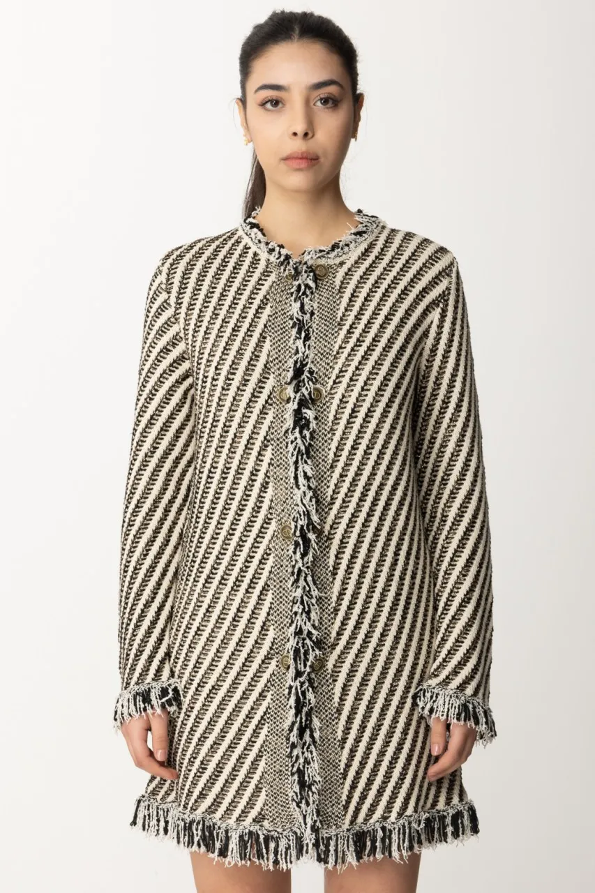 Cappotto in maglia a righe con frange JACQUARD STRIPES NEVE/NERO/LUR