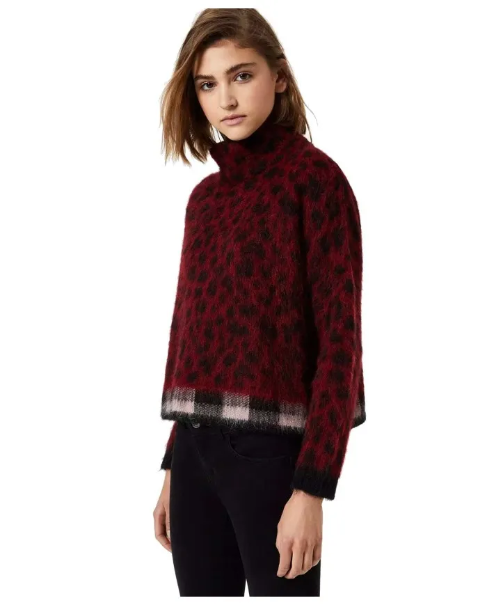 LIU JO Dolcevita Donna A-TI Maglia Jacquard Leopardata Alpaca Bordeaux Nuova W9464 NATURALE