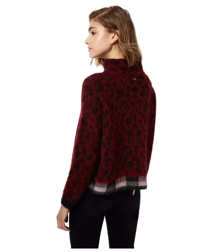 LIU JO Dolcevita Donna A-TI Maglia Jacquard Leopardata Alpaca Bordeaux Nuova W9464 NATURALE