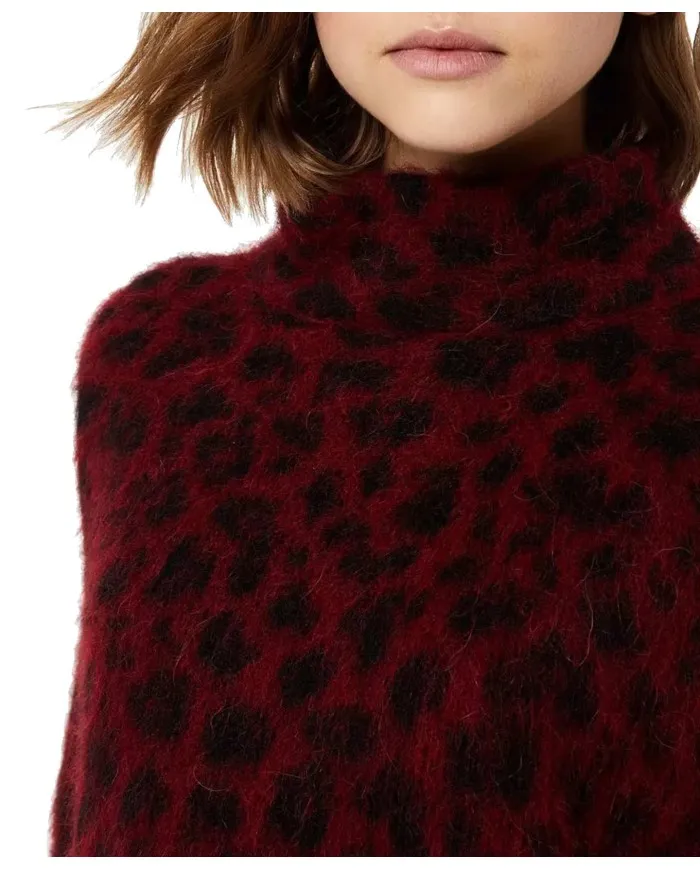 LIU JO Dolcevita Donna A-TI Maglia Jacquard Leopardata Alpaca Bordeaux Nuova W9464 NATURALE