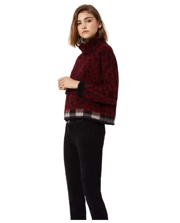 LIU JO Dolcevita Donna A-TI Maglia Jacquard Leopardata Alpaca Bordeaux Nuova W9464 NATURALE