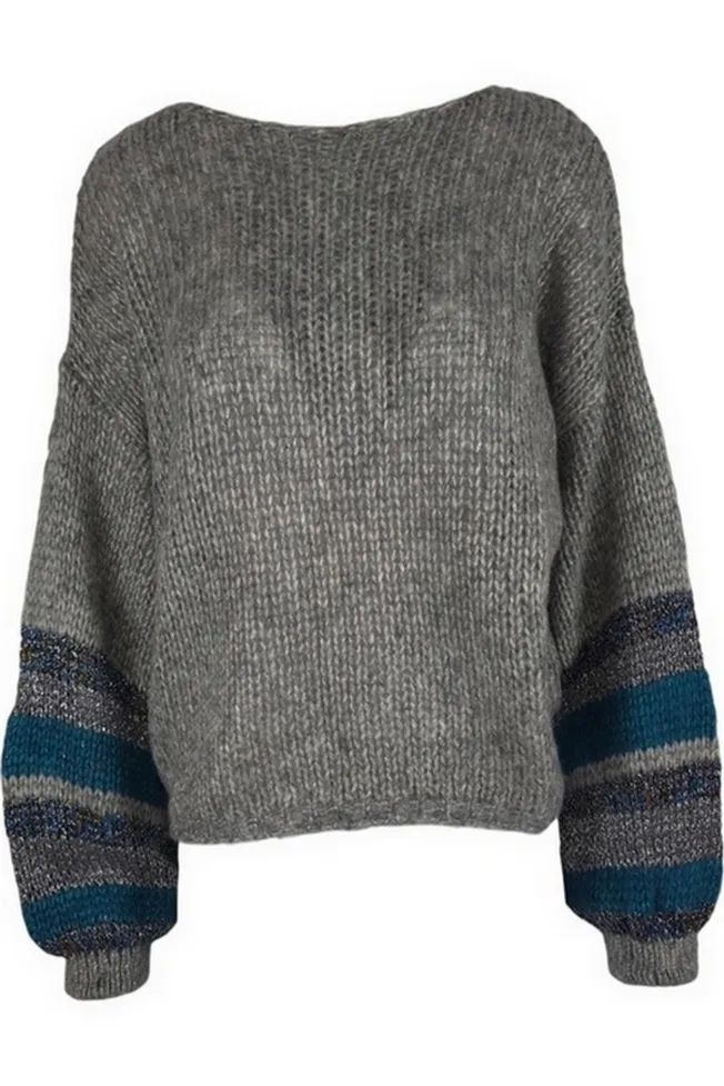 maglia donna con maniche a righe lurex grigio