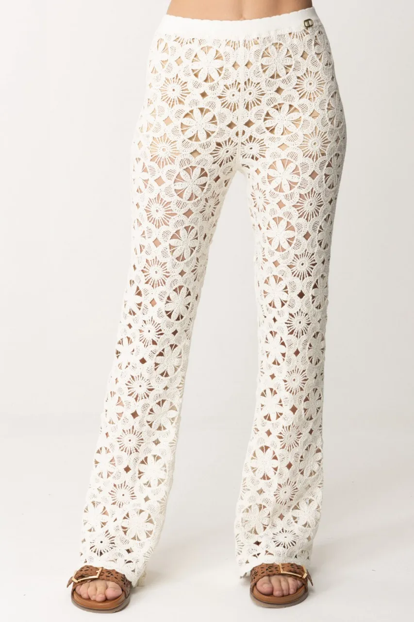 Pantaloni in maglia crochet a fiori PARCHMENT