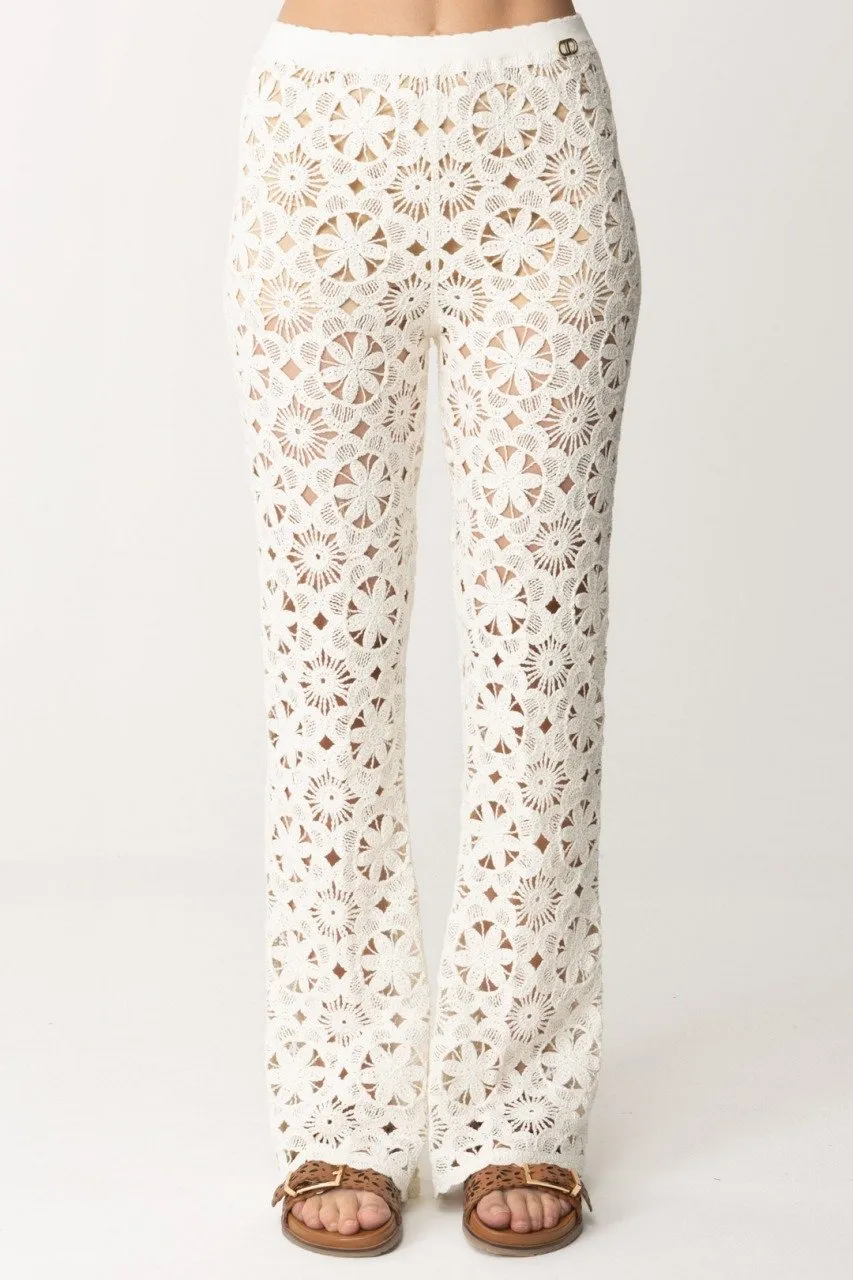 Pantaloni in maglia crochet a fiori PARCHMENT