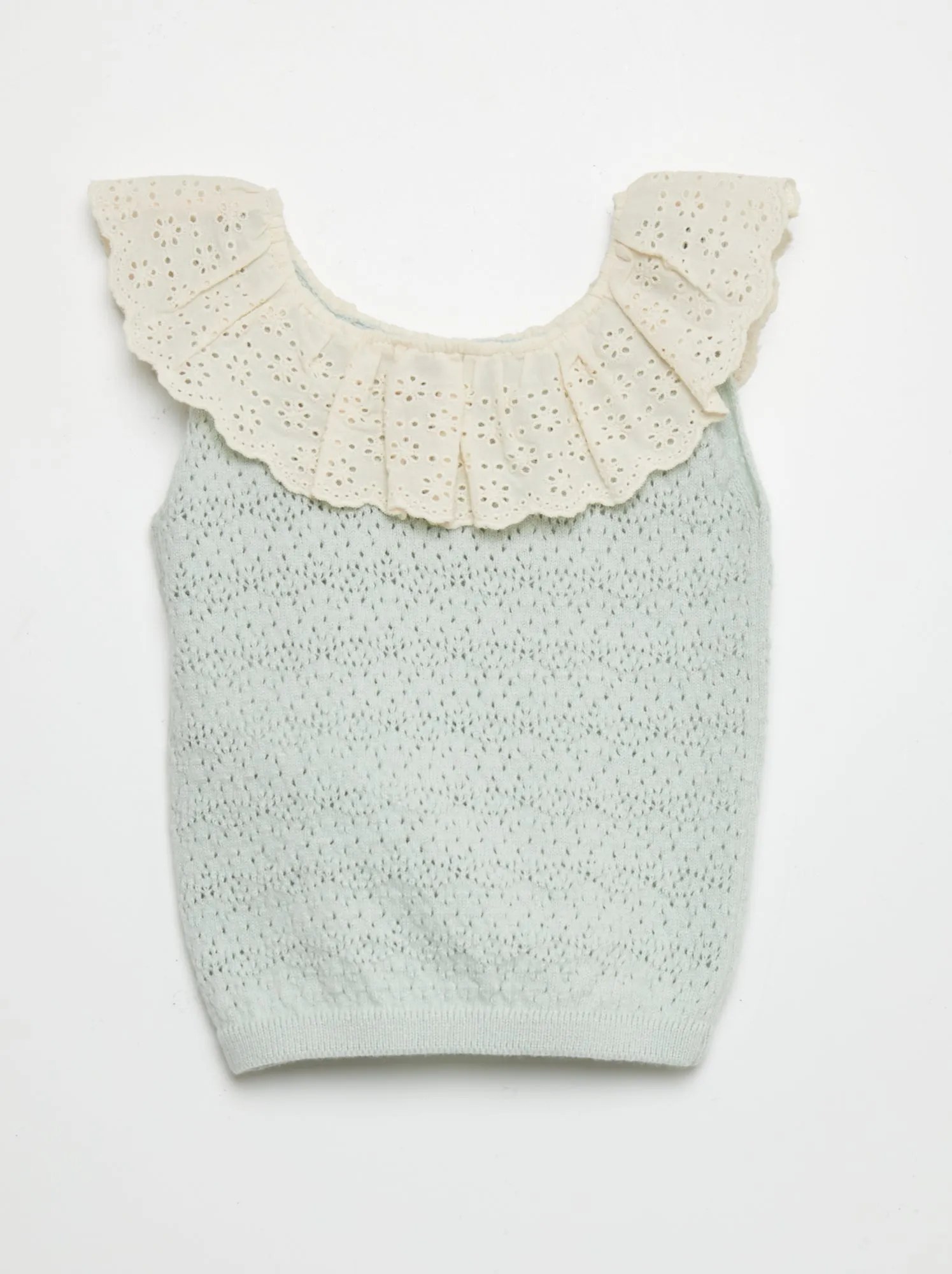 Pullover senza maniche ricamato a punto inglese - BLU