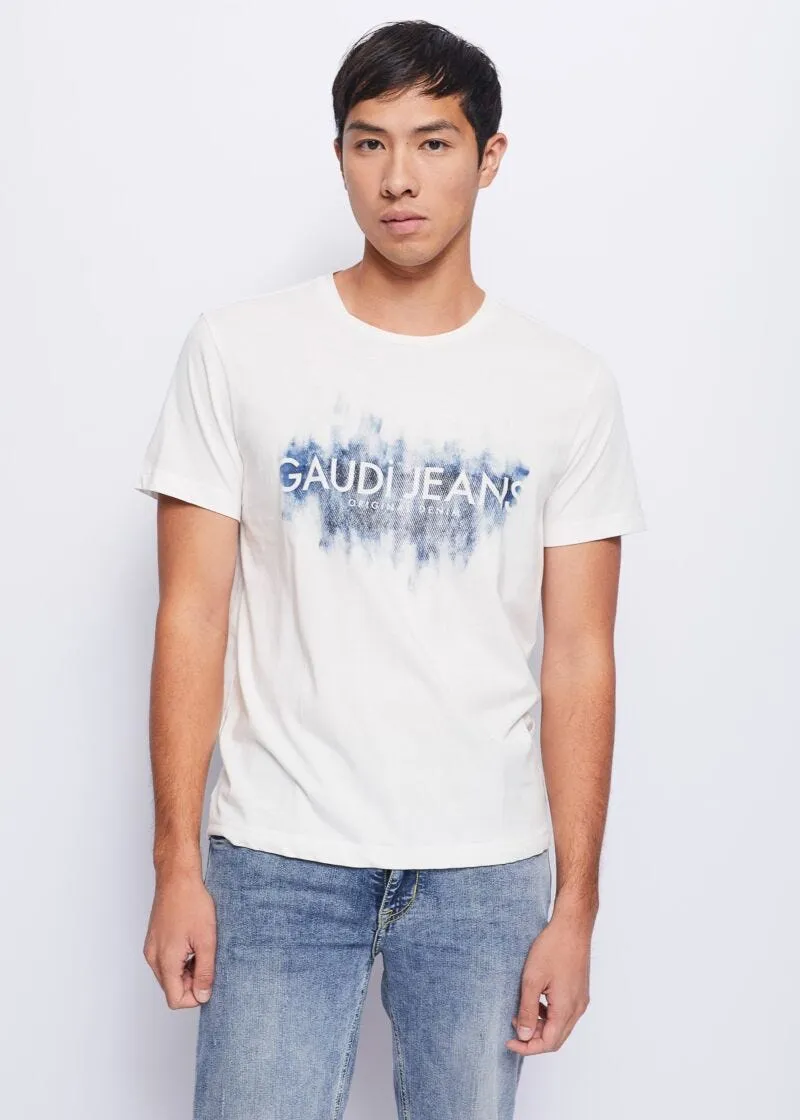 T-shirt con stampa denim e logo