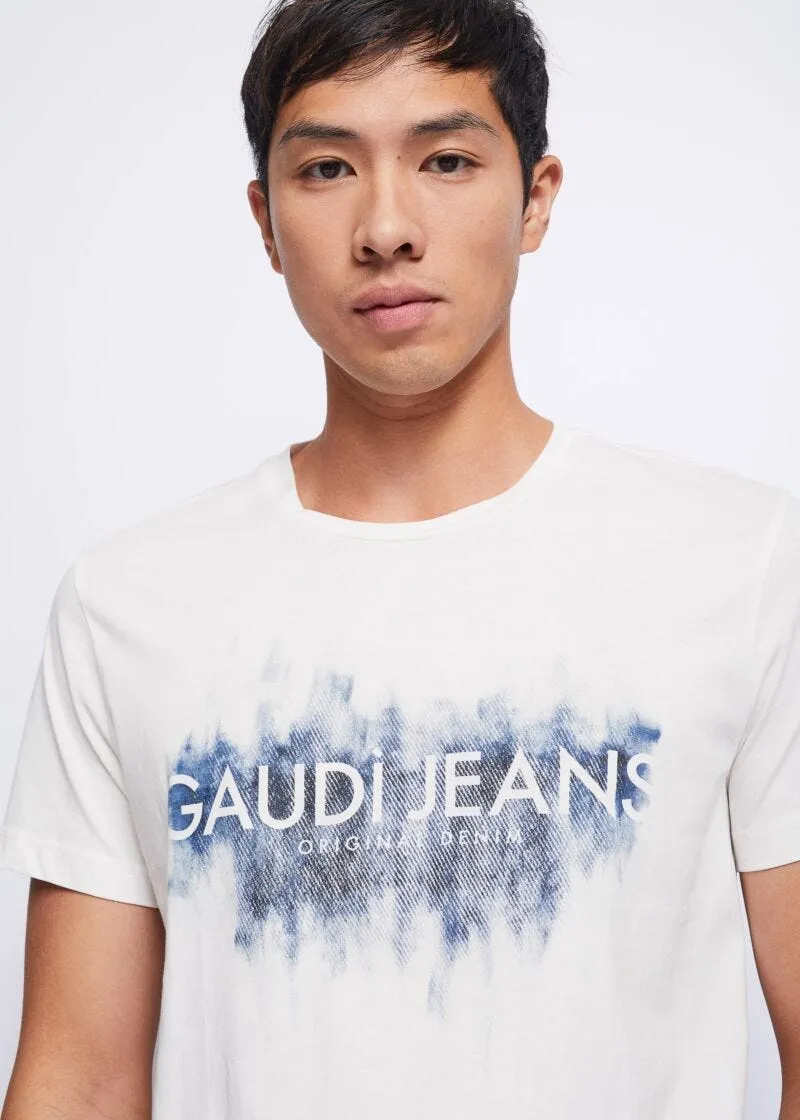 T-shirt con stampa denim e logo