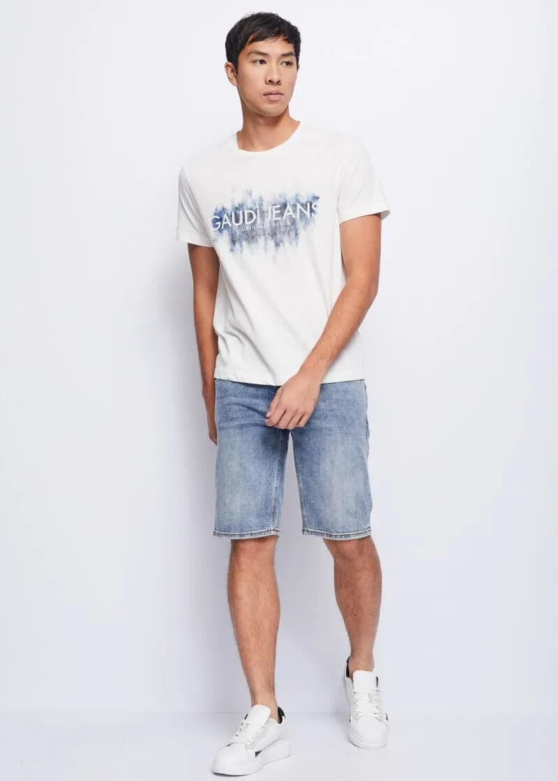 T-shirt con stampa denim e logo