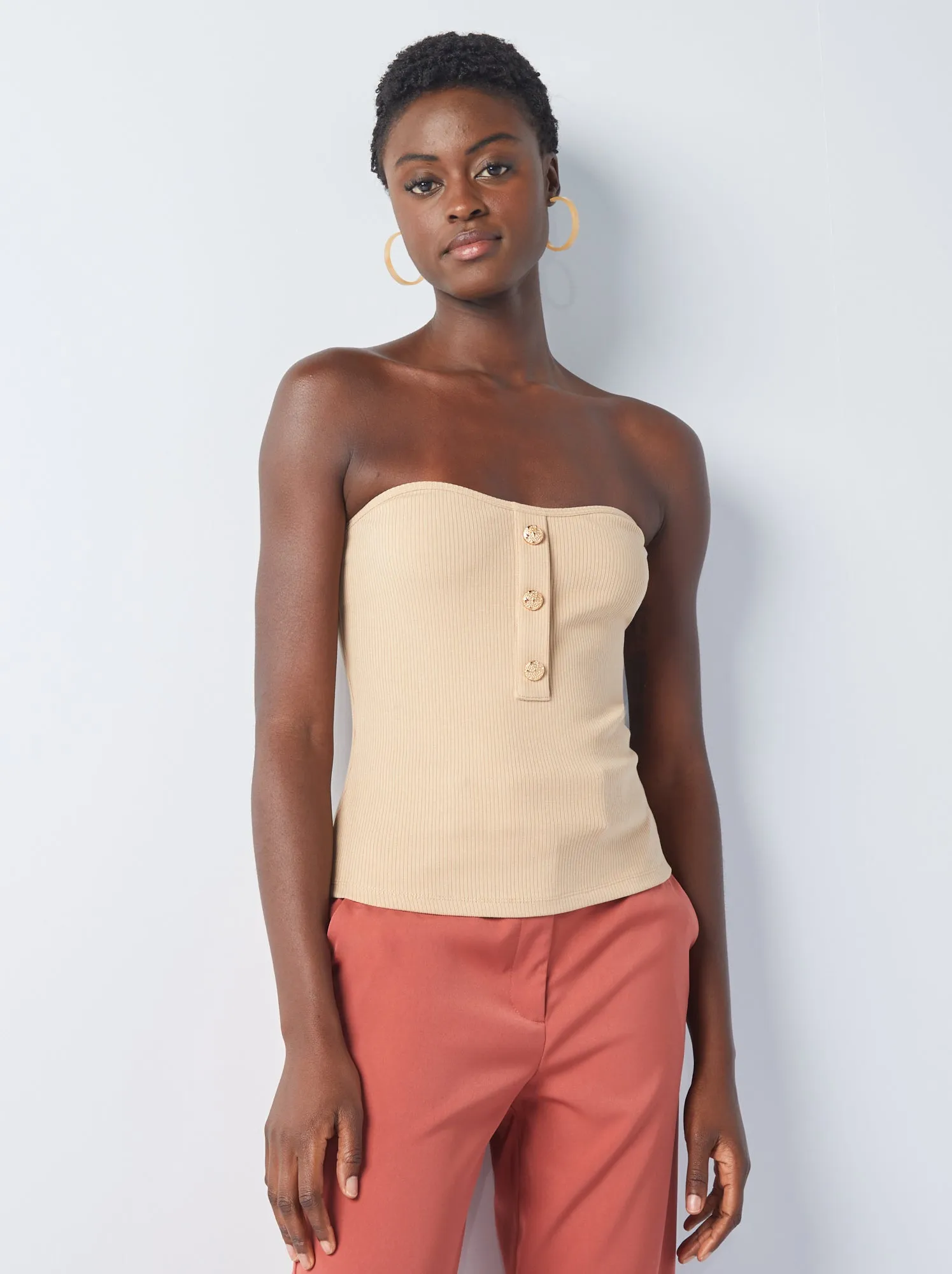Top bustier con bottoni fantasia - BEIGE