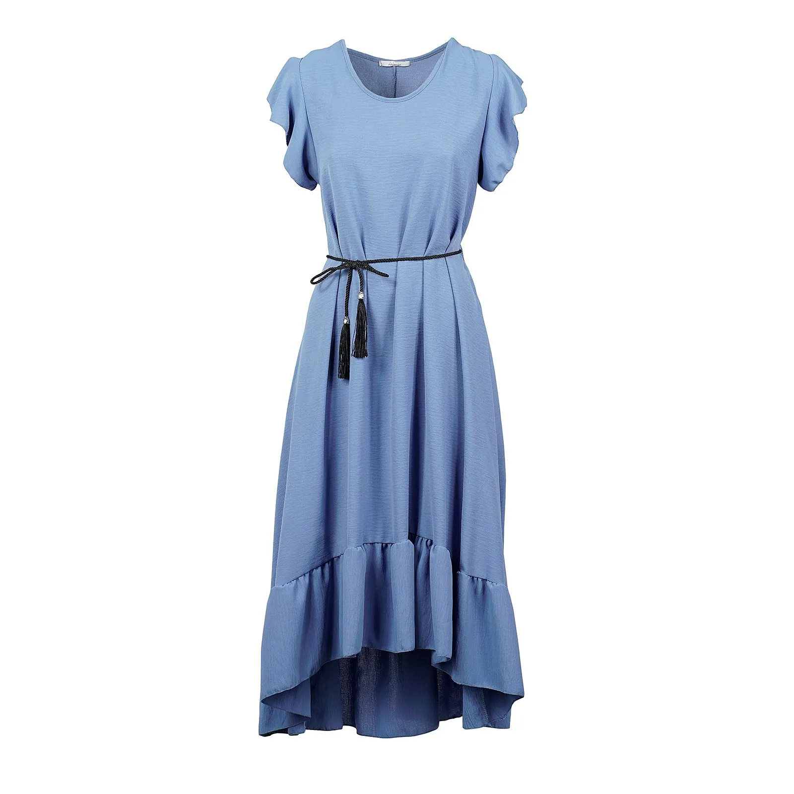Vestito midi azzurro con balza e cinturina con nappina