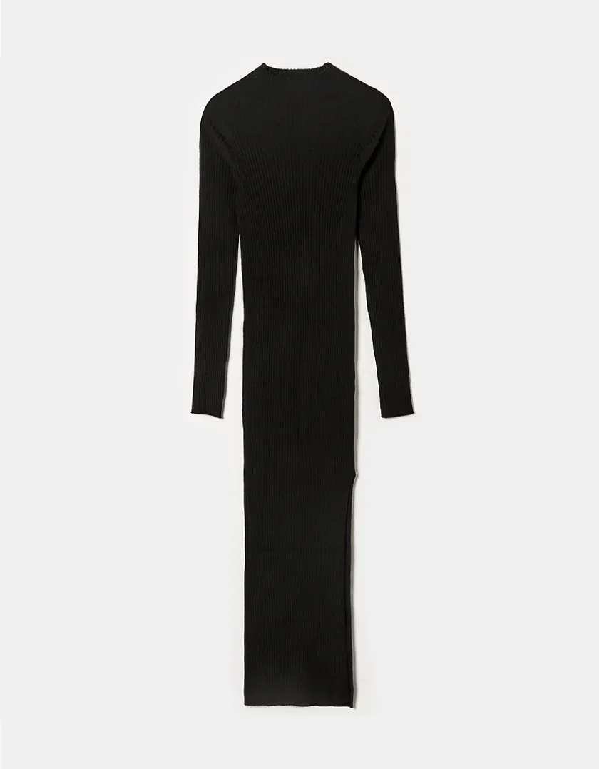 Vestito Midi In Maglia a Costine Nero  