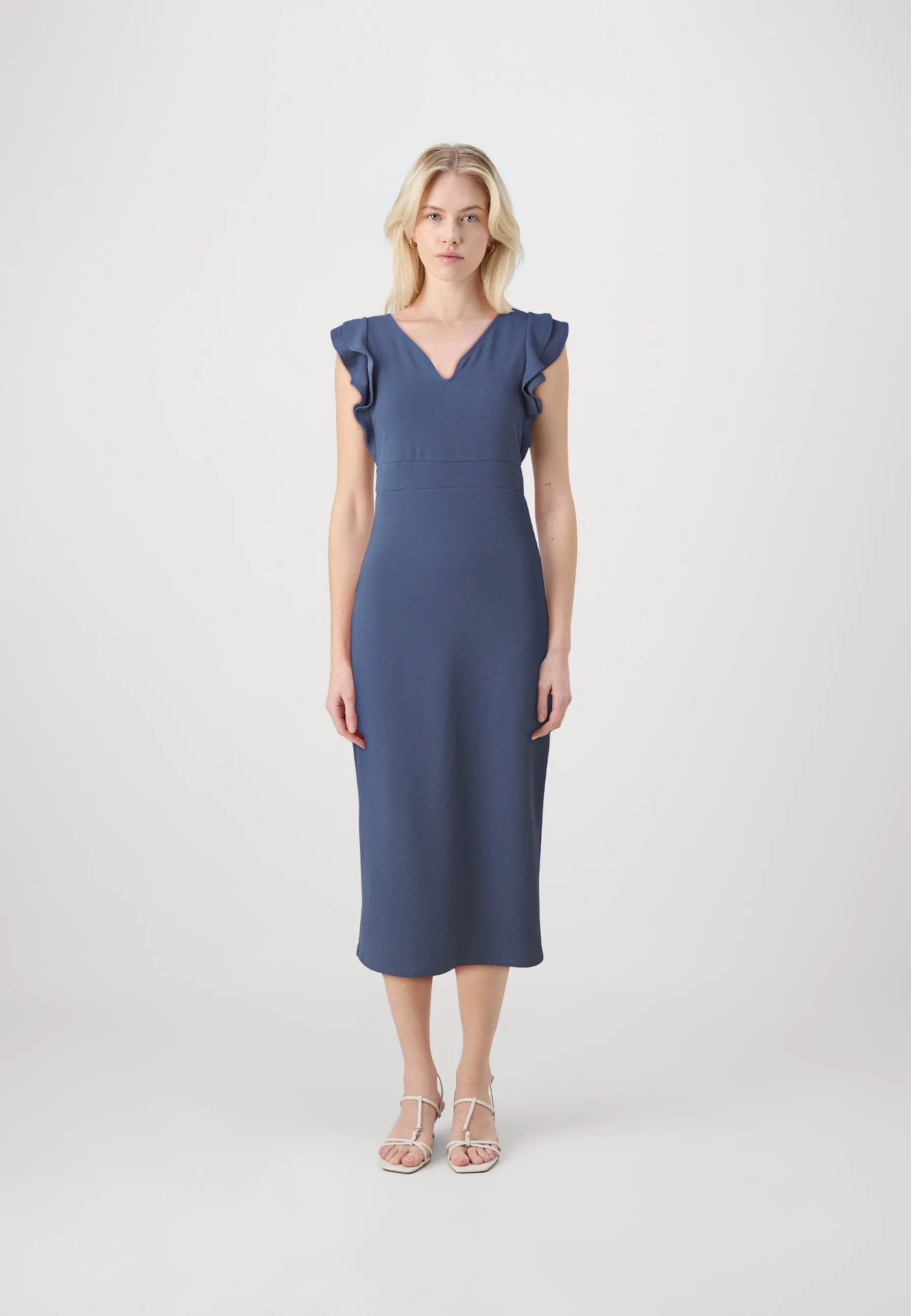 VICLARA FRILL V NECK MIDI DRESS - Vestito di maglina