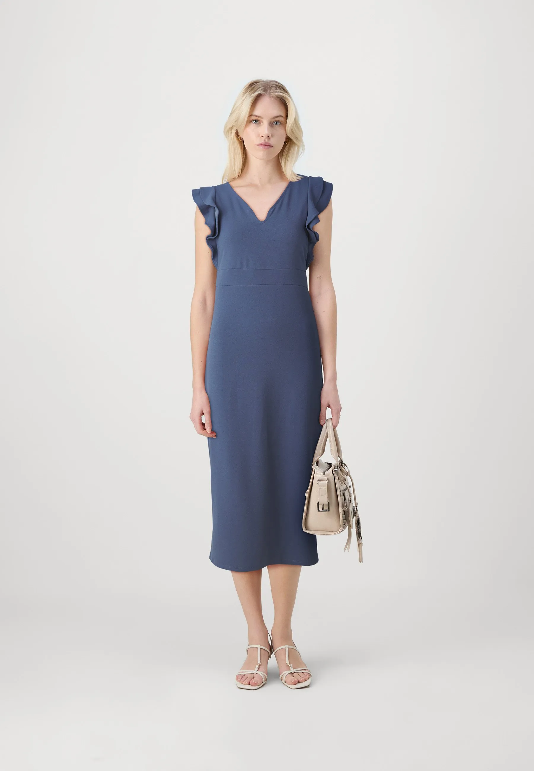 VICLARA FRILL V NECK MIDI DRESS - Vestito di maglina